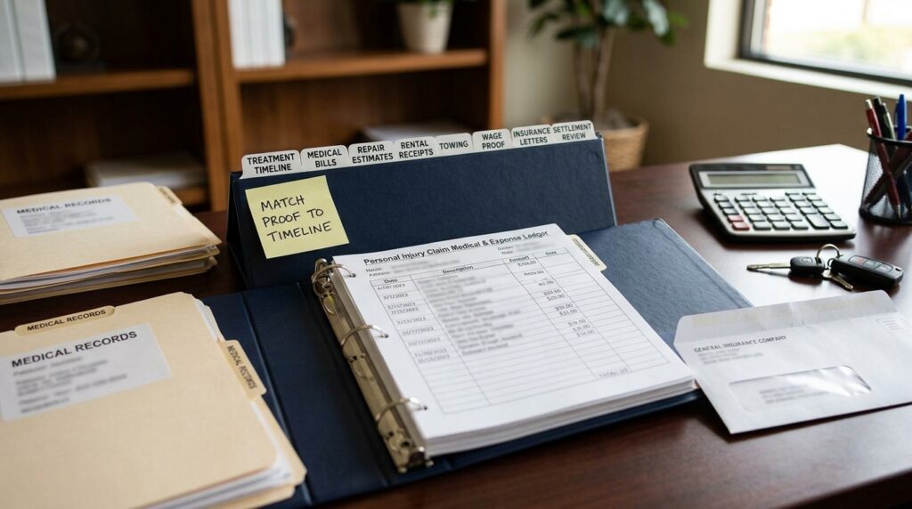 Houston injury claim medical and expense ledger with treatment timeline bills repair estimates rental receipts wage proof insurance letters and settlement review