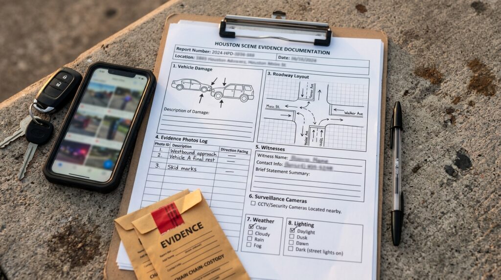 Houston scene evidence capture sheet with vehicle damage roadway layout hazard photos witnesses cameras weather lighting and report number fields